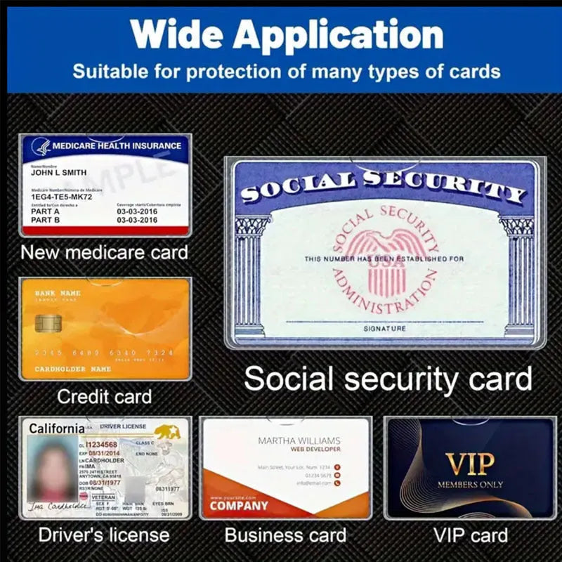 Transparent waterproof PVC ID card holder for social security cards measuring 9.7 by 5.9 cm