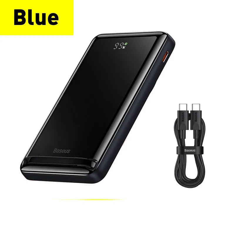 Slim blue 3-in-1 magnetic power bank with wireless charging capability showing dimensions