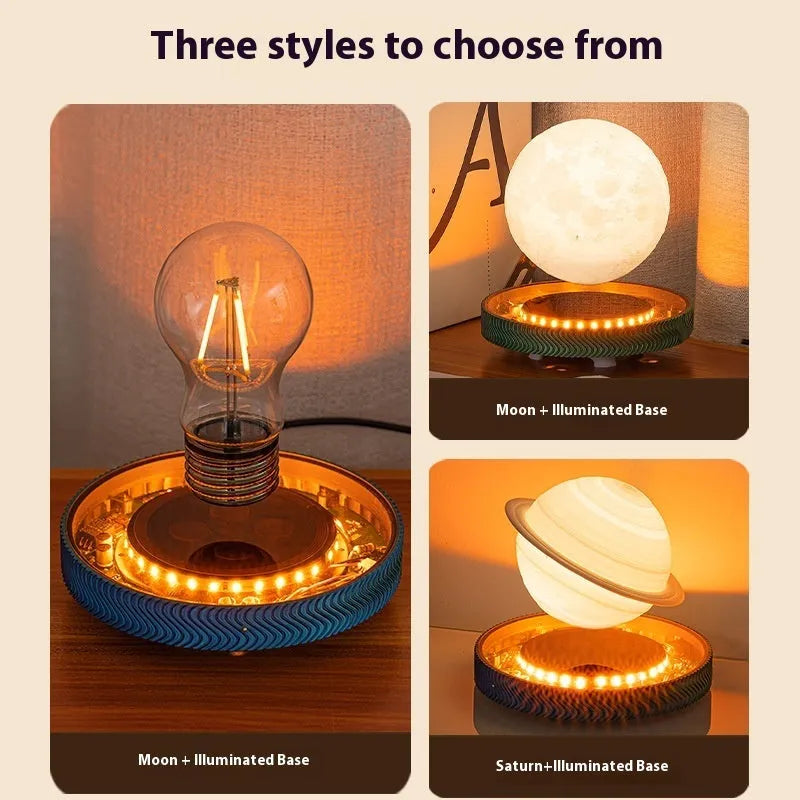 Magnetic suspension moon night lamp with 3D printed design floating above surface