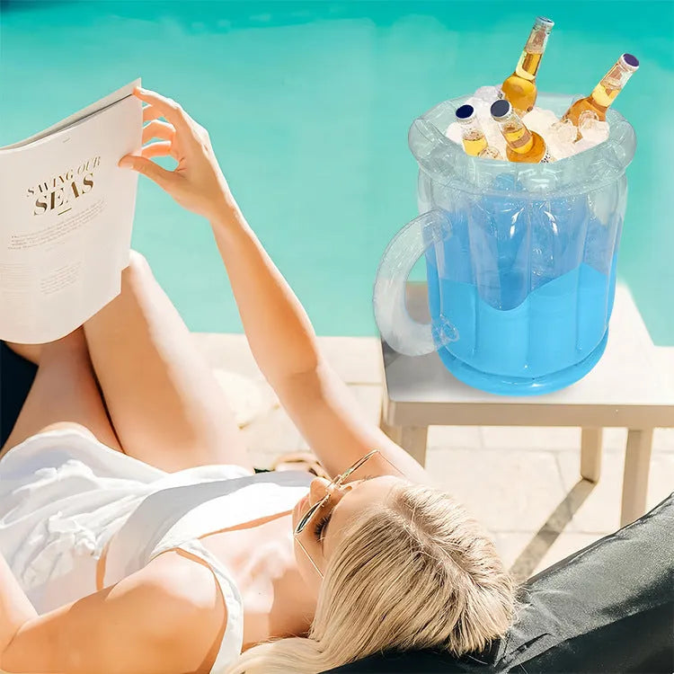 Yellow inflatable PVC ice bucket for chilling beers, shown inflated and ready for use.