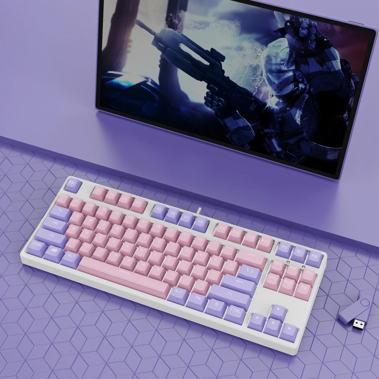 87-key wired mechanical gaming keyboard with multi-colour keycaps on a metal body.
