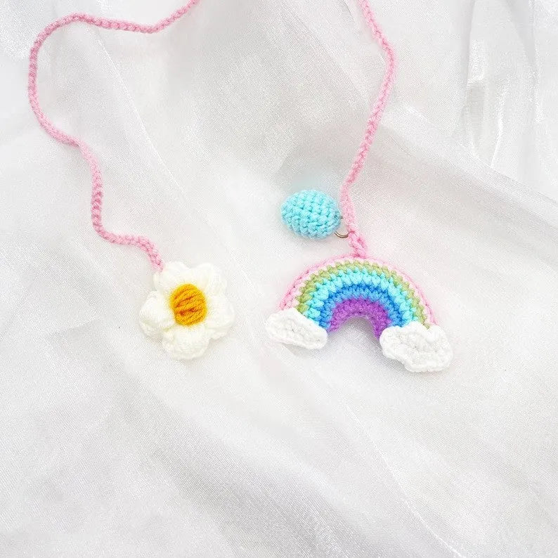 Handmade crocheted car pendant in avocado green, pink rainbow pattern or red rainbow colours