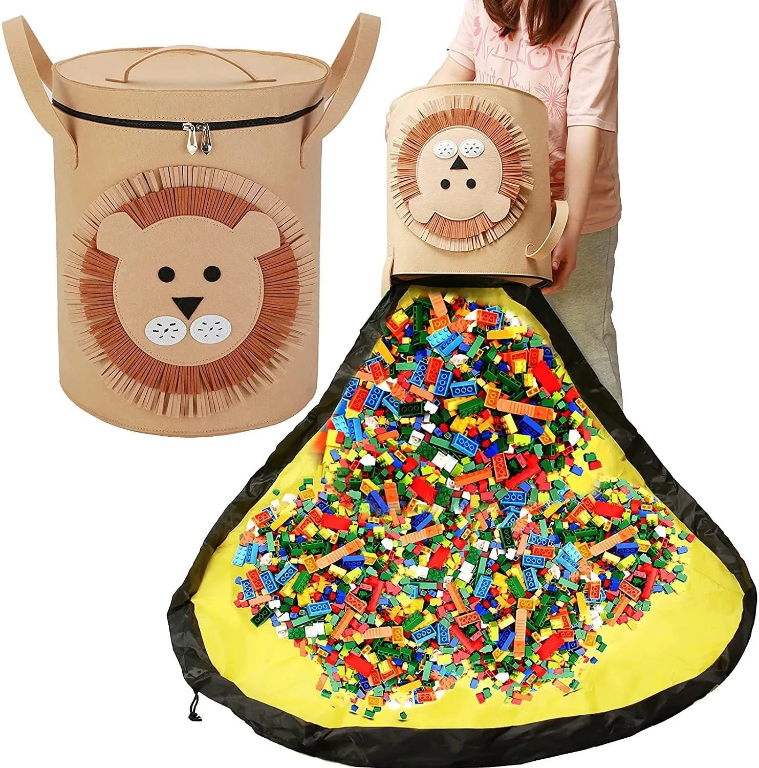 Green felt cube storage bag with pull rope laid flat as play mat for toy organisation
