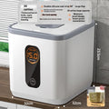 Grey plastic rice storage jar with lid and measuring cup in insect-proof moisture-proof design