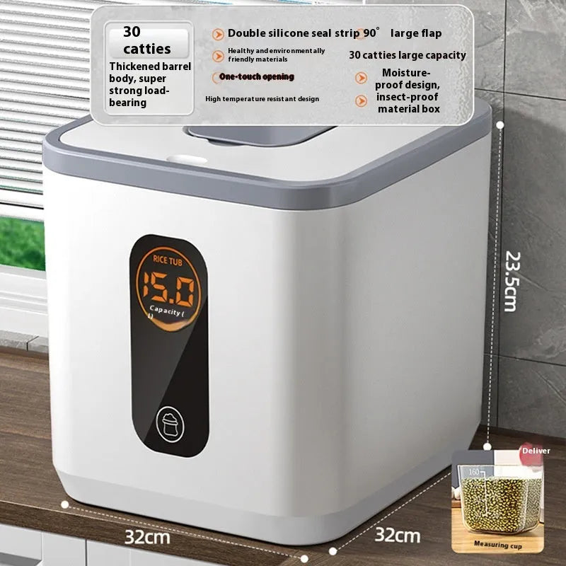 Grey plastic rice storage jar with lid and measuring cup in insect-proof moisture-proof design