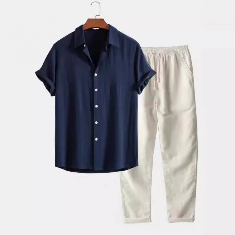 Men's loose fit linen-look casual suit set with short sleeve shirt and trousers