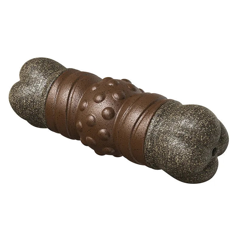 Wood colour plastic dog dental toy shaped like a bone with textured cleaning surfaces