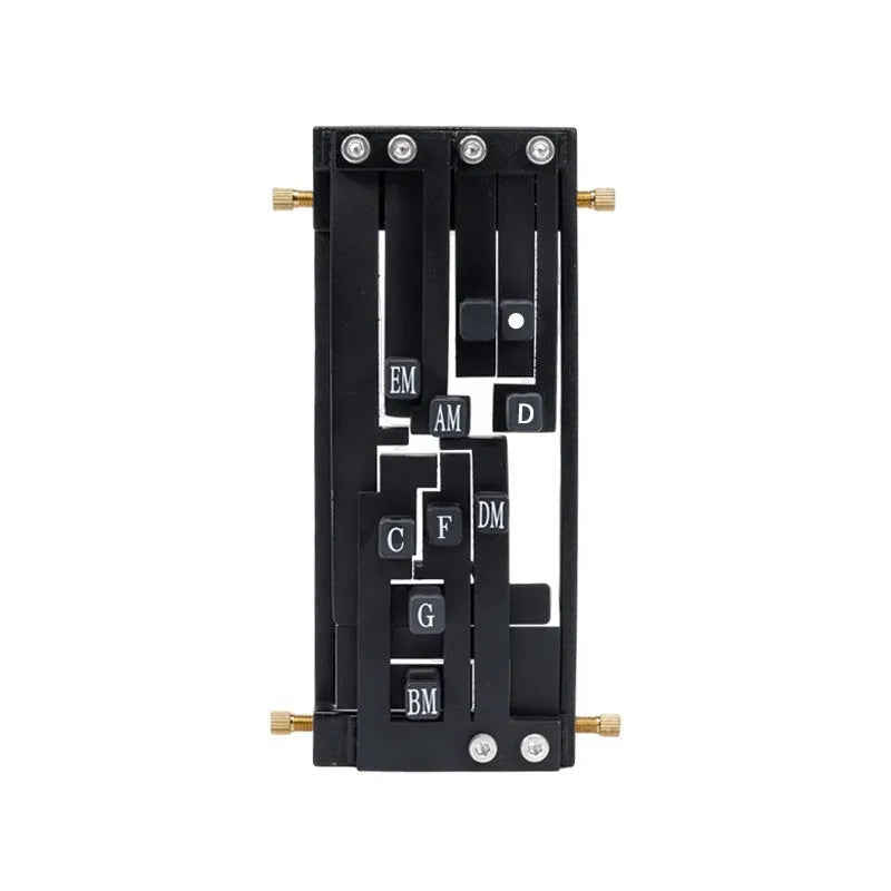 Black automatic chord changing device mounted on folk guitar neck for novice practice