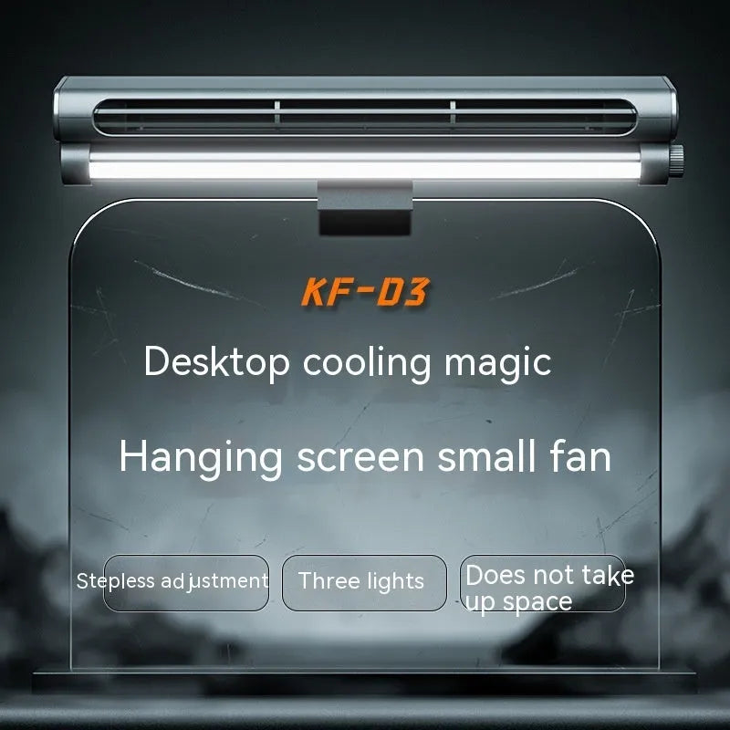 Black bladeless clip-on laptop fan with integrated lighting lamp showing USB cable and screen attachment mechanism