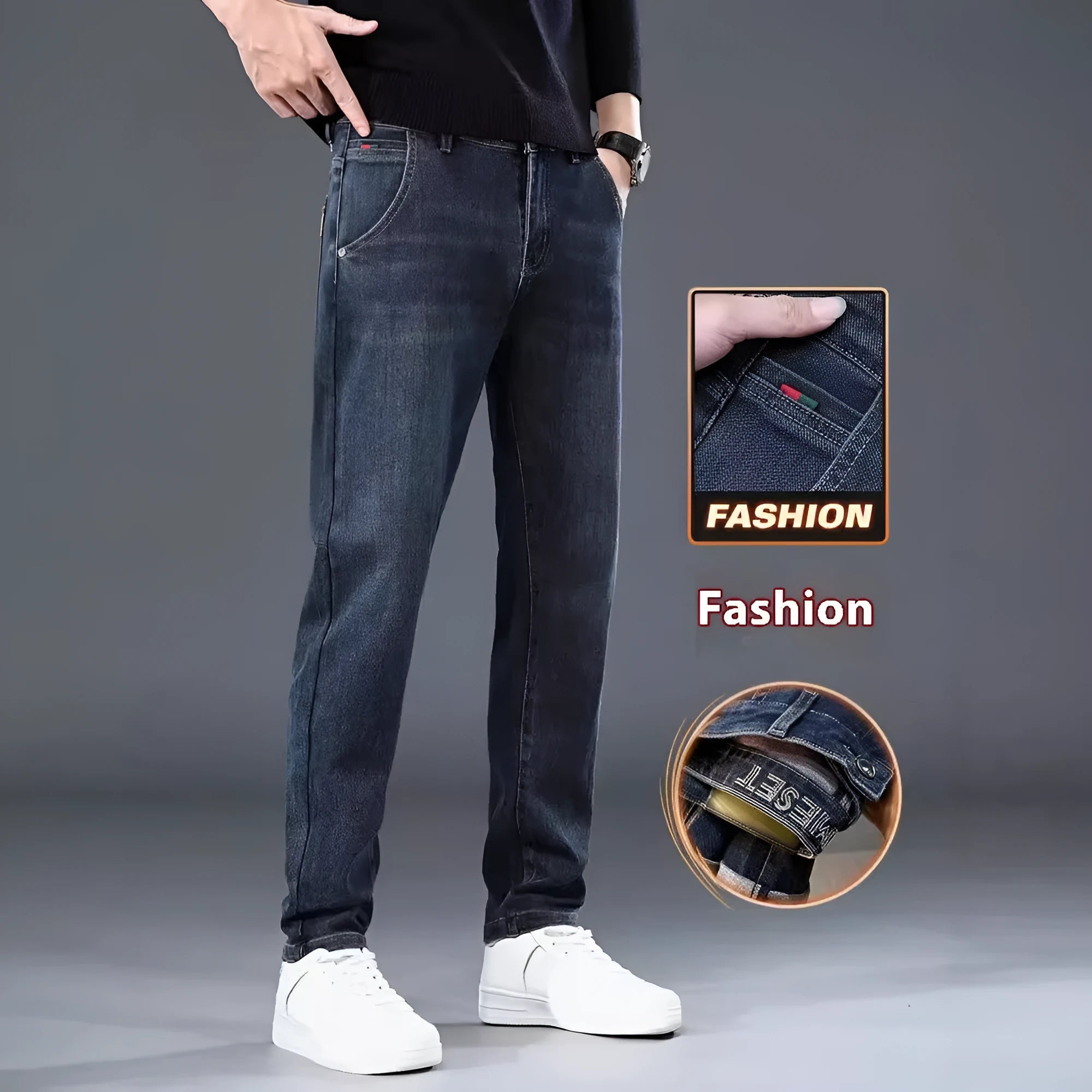 Men's slim straight casual trousers in blue grey or black with micro-elastic waistband and zip fly