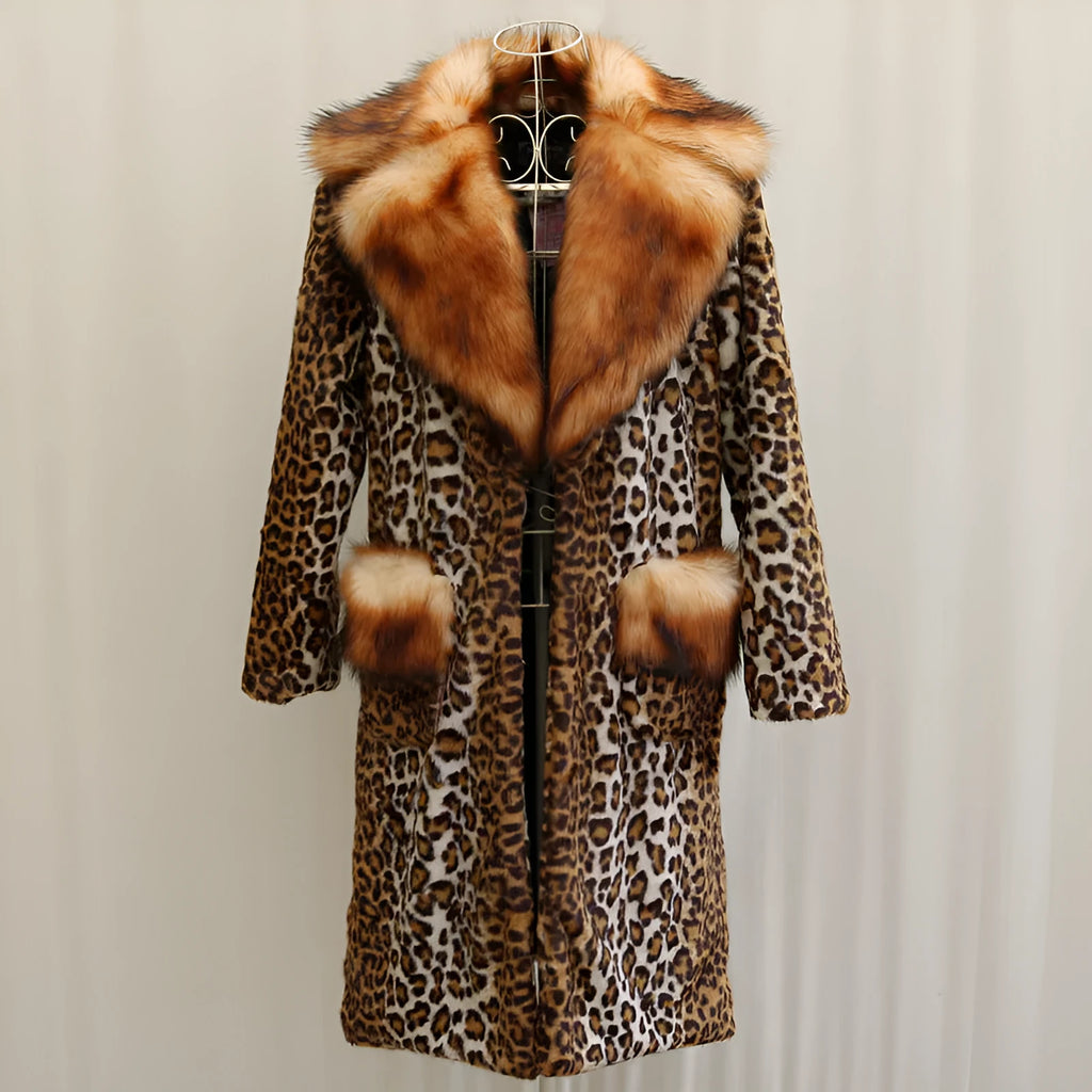 Women's long leopard print artificial fur jacket with regular sleeves on a model.
