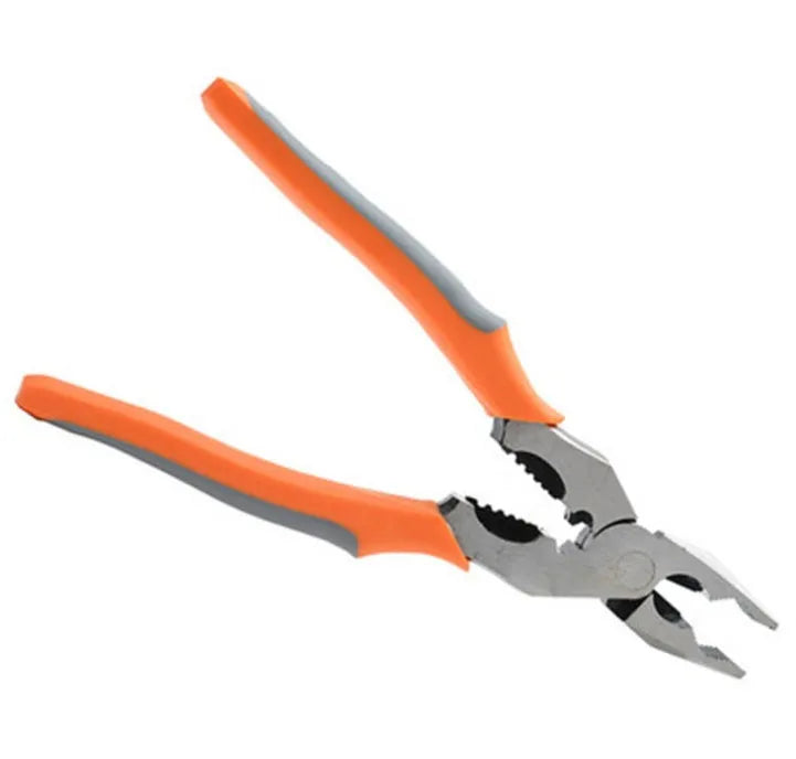 Orange-handled multi-function wire cutter pliers with forged steel jaws for cutting and stripping wire