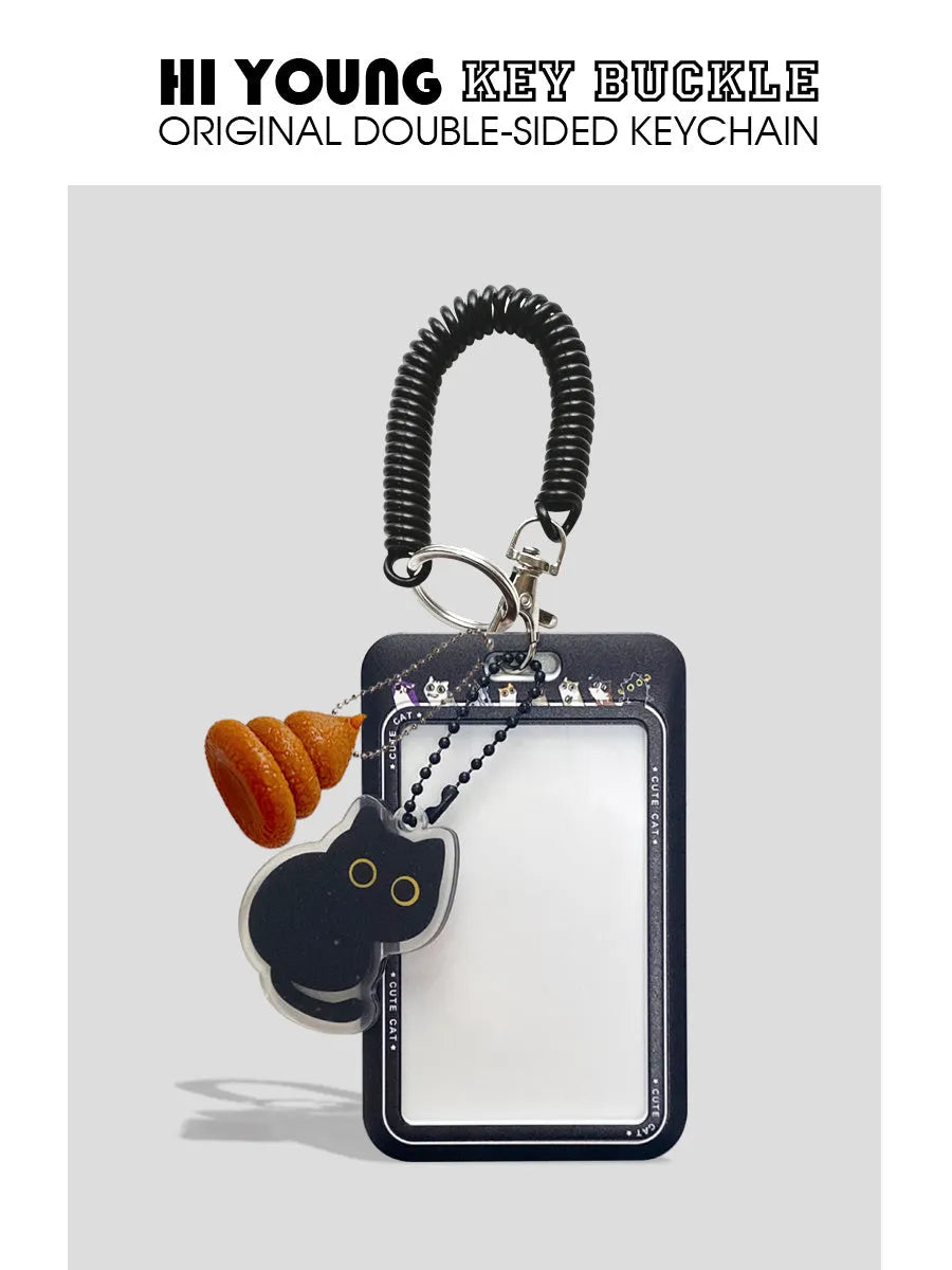 Cute little black cat cartoon design plastic card holder with ferrule pendant.