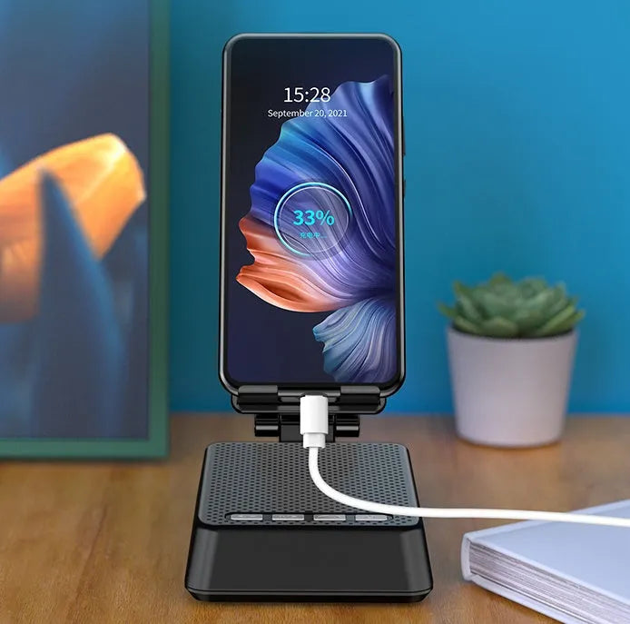 Black mobile phone broadcaster stand with Bluetooth speaker and HD microphone for live streaming desk use