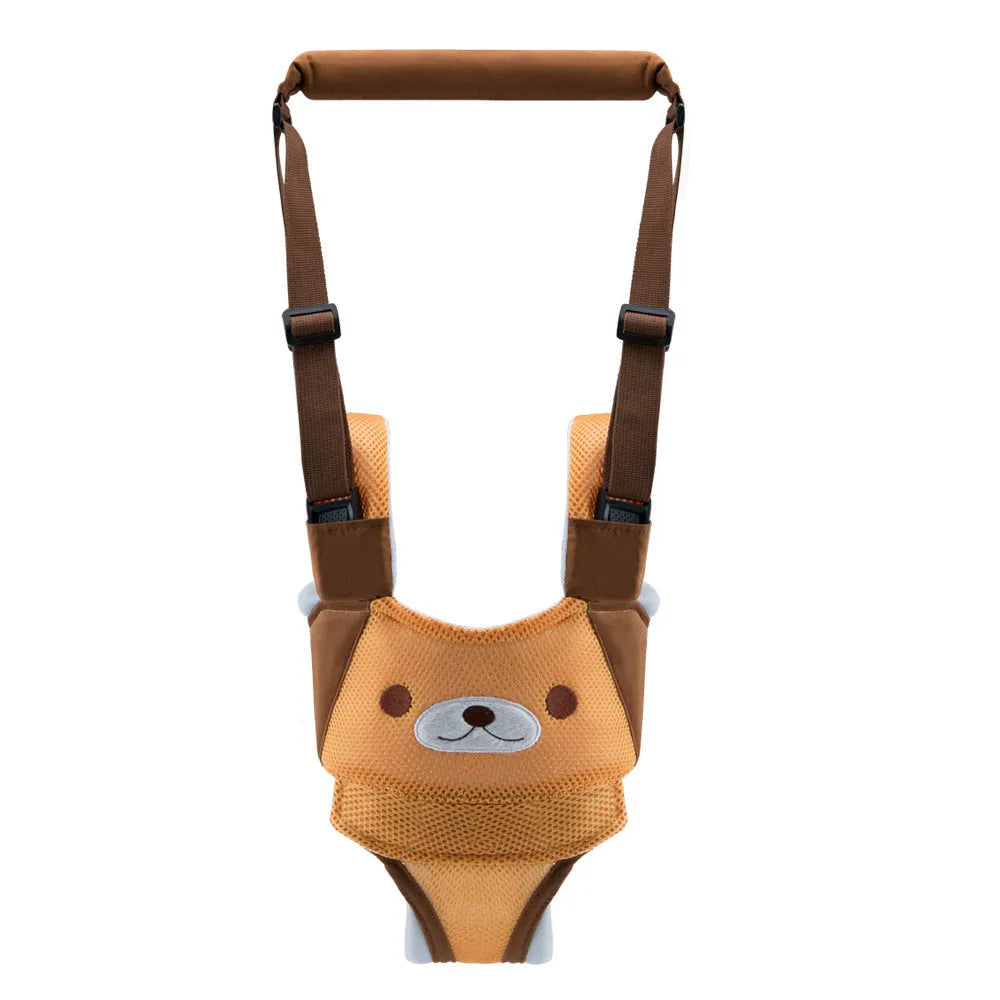 Blue cotton baby walking harness belt with straps, shown being used to support a toddler learning to walk.