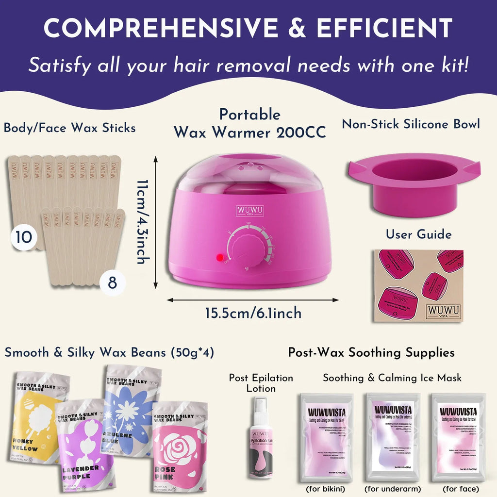 29-piece hard wax hair removal kit with black wax warmer, four wax beans, facial and body sticks, aftercare lotion and cooling masks