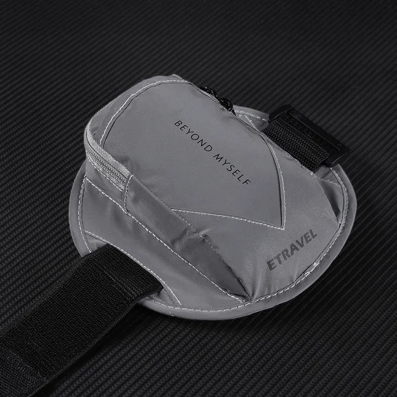 Reflective running arm bag with adjustable strap in fluorescent yellow, black, or silver grey.