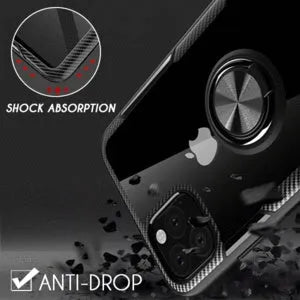 Black iPhone case with a built-in car holder arm on the back, shown next to a phone