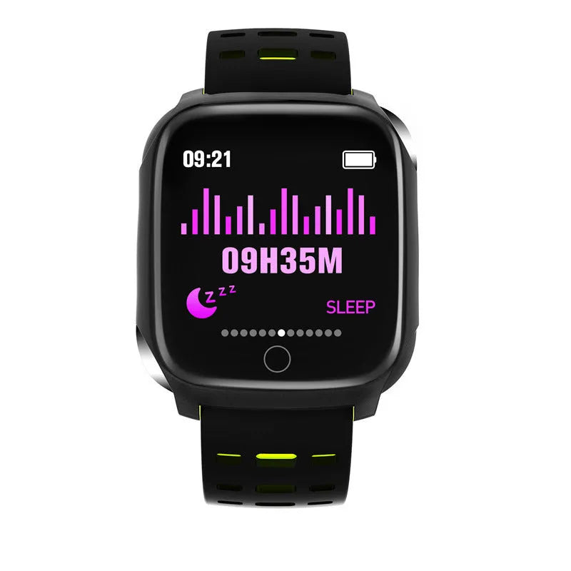 F16 Smart Watch with ECG monitor on a silicone strap, showing the 43mm IPS touchscreen display.