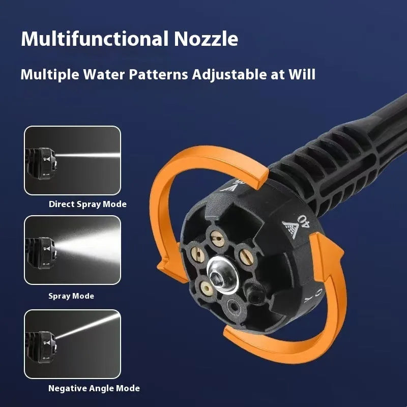 Green wireless high-pressure water gun with metal nozzle and set of cleaning accessories on a white background.