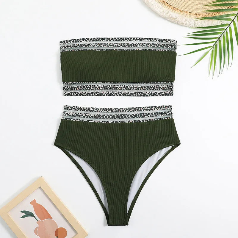 Black strapless swimsuit with leopard print design on quick-dry nylon fabric