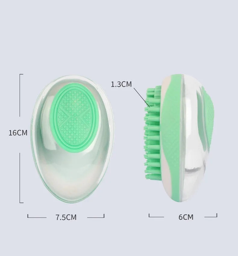 2-in-1 pet bath brush with soft silicone bristles, foam reservoir and non-slip grip in pink, orange or green