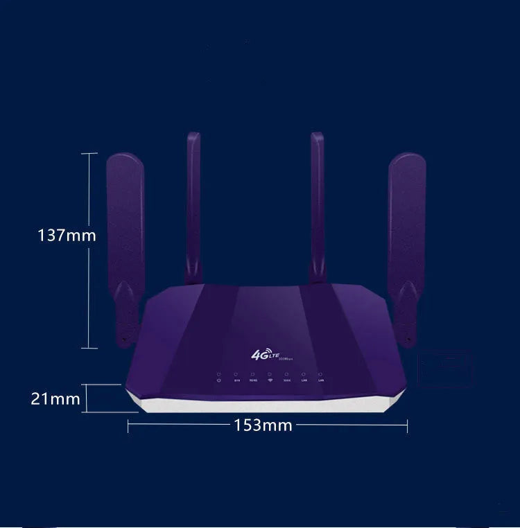 Blue 4G dual-mode router with four antennas showing front panel and connectivity ports