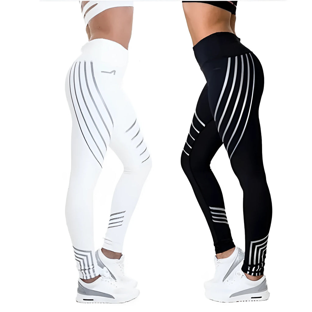 Women's black and white workout leggings with night glowing print, showing slim fit pencil pants style.