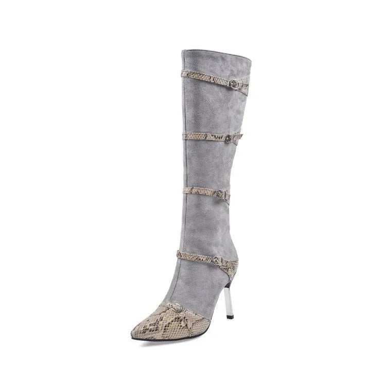 Grey and black women's knee high boots with a thin high heel and velvet lining.