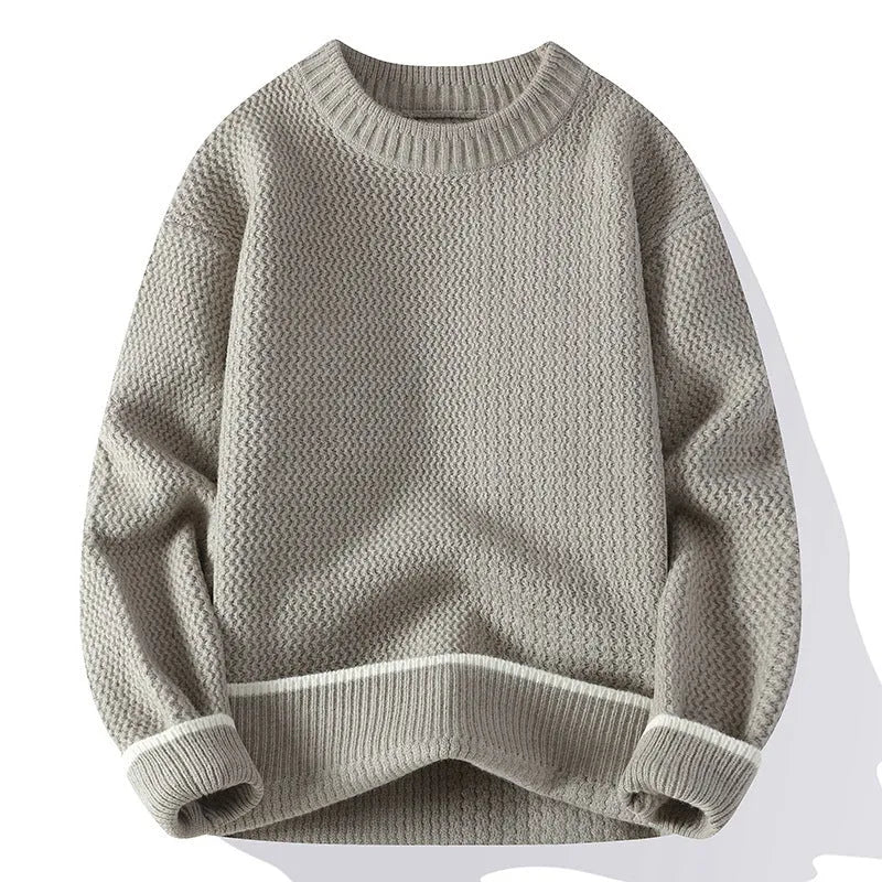 Men's grey casual pullover sweater with round neck and long sleeves for autumn wear