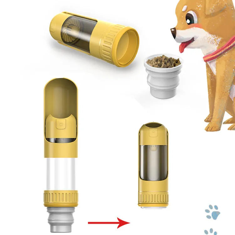 Portable blue dog water bottle with built-in drinking bowl showing measurements