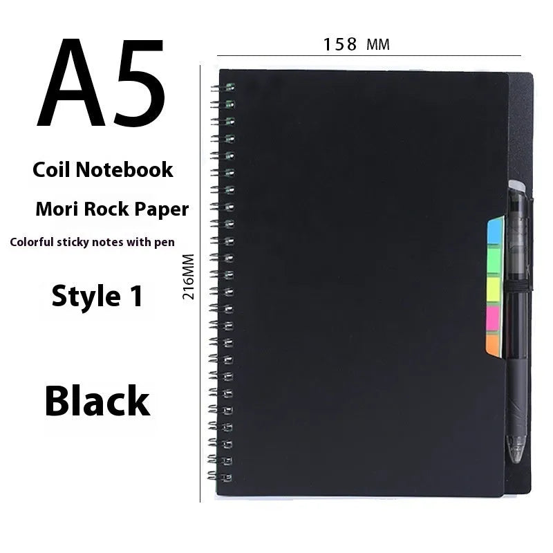A5 erasable coil notebook with stone paper, open to show reusable pages and included pen, with custom cover options displayed.