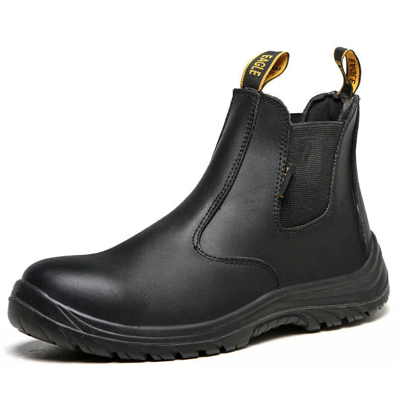 Black leather safety boots with steel toe cap and high-top design for industrial work