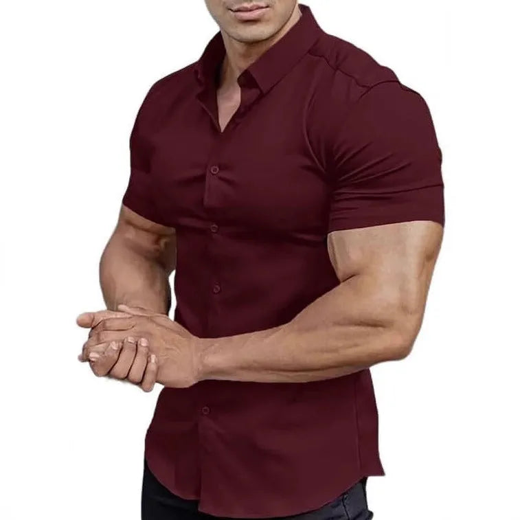 Men's short sleeve printed casual shirt with collar in cardigan style, shown in a dark blue colour.