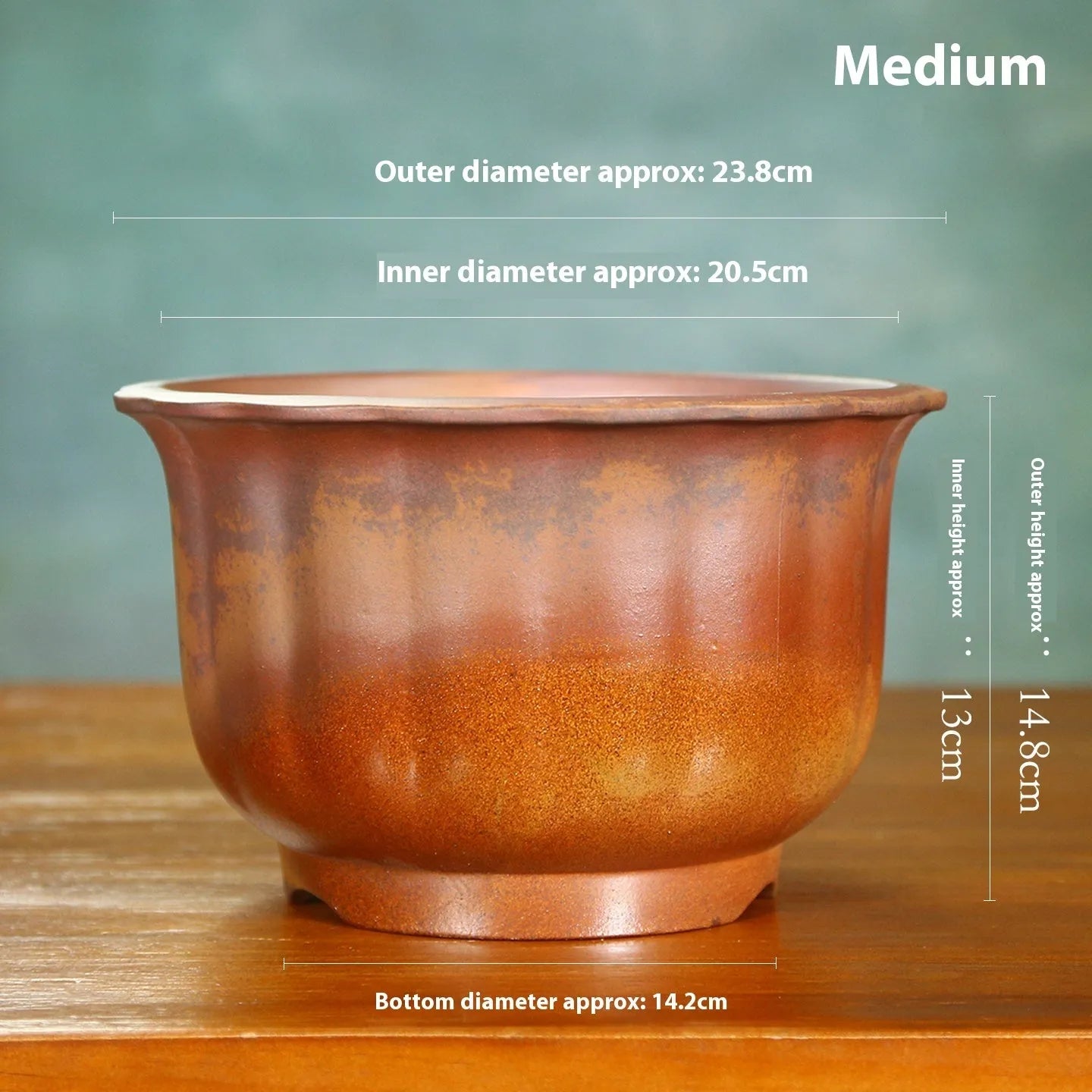 Antique carved ceramic flower pot with wood burning finish for indoor bonsai display