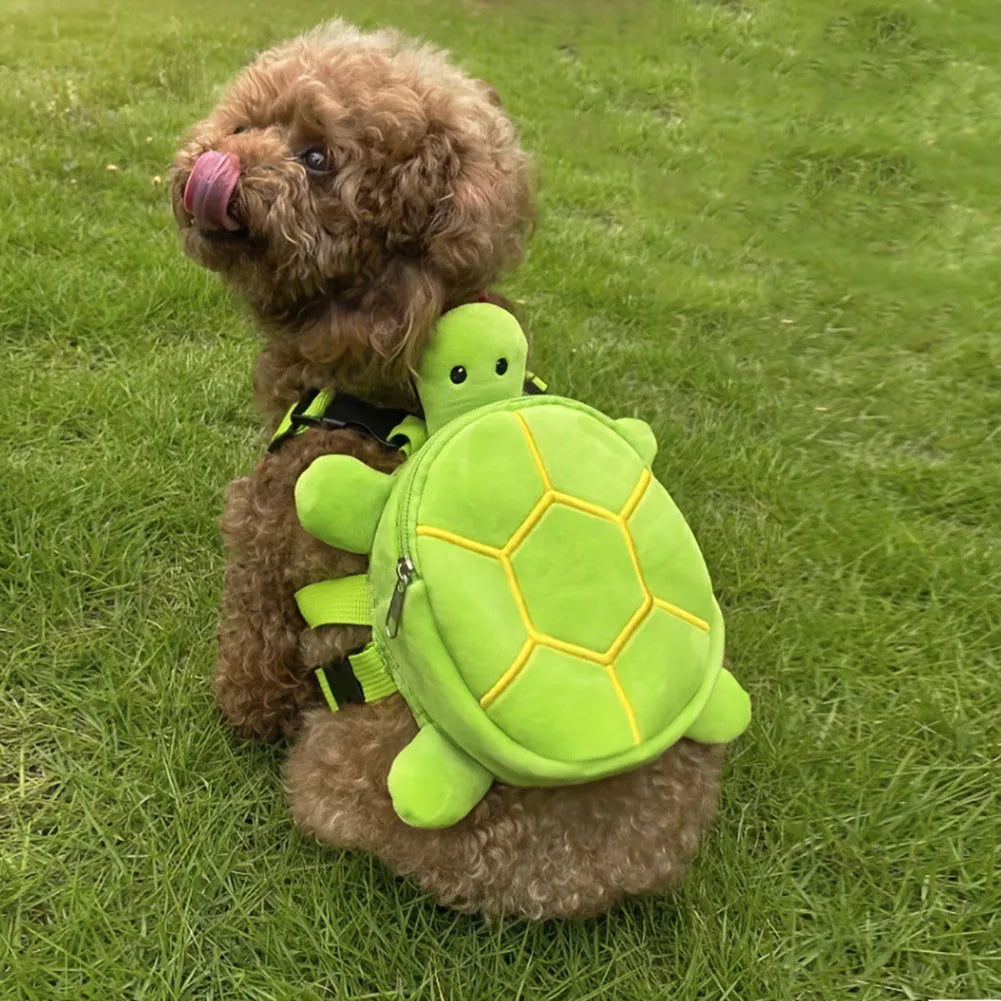 Brown velvet turtle-shaped dog harness with integrated backpack and front metal zipper.