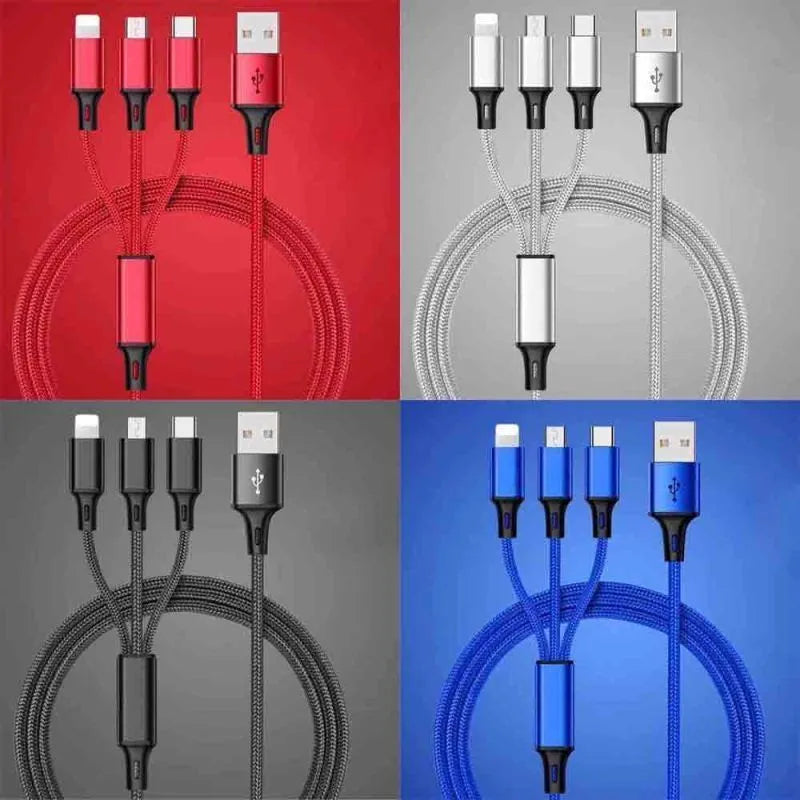 Braided 3-in-1 universal USB charging cable with aluminium connectors in multiple colours