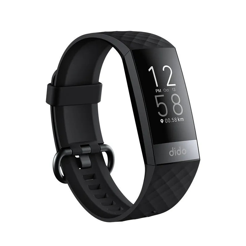Black smart bracelet with ECG, blood pressure and blood oxygen monitoring on a wrist.