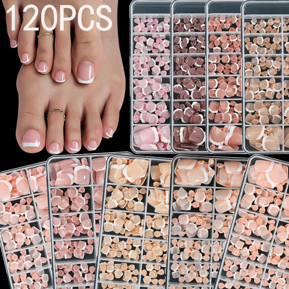 Box of 120 French white tip artificial toenails in nude colours, square short shape.