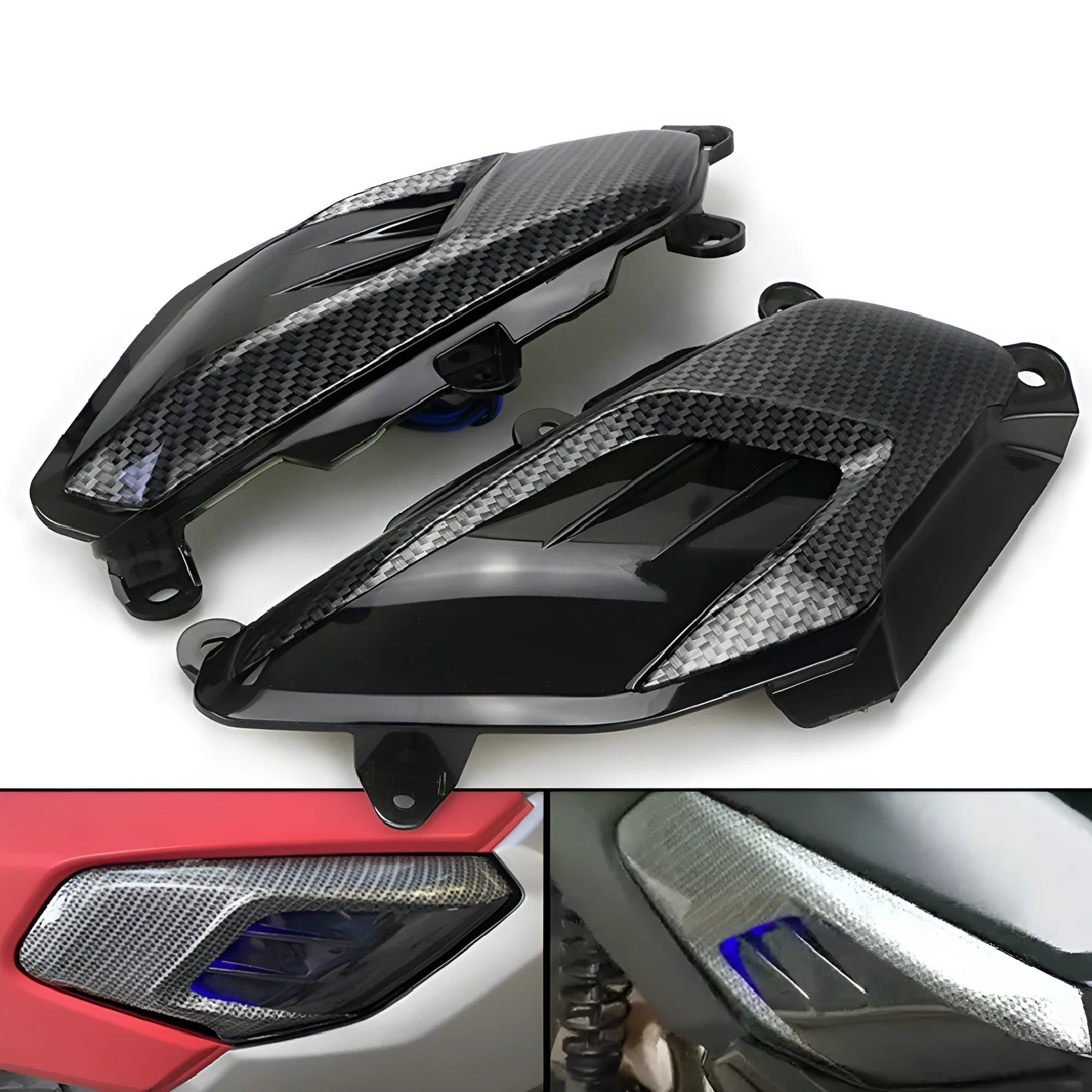 Pair of LED side lamps with carbon fibre decoration for YAMAHA NMAX125 and NMAX155 motorcycles.