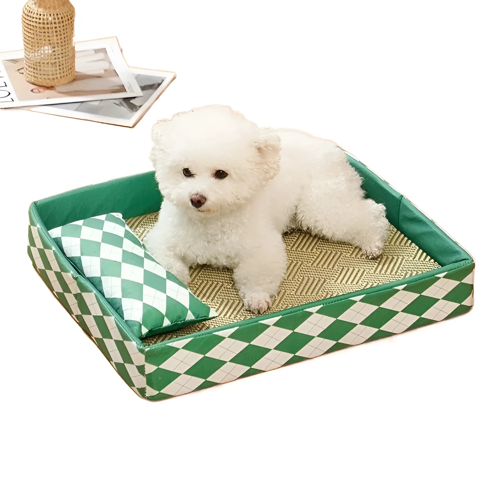 Natural rattan cat litter mat with anti-slip base, shown in blue, serving as a pet bed