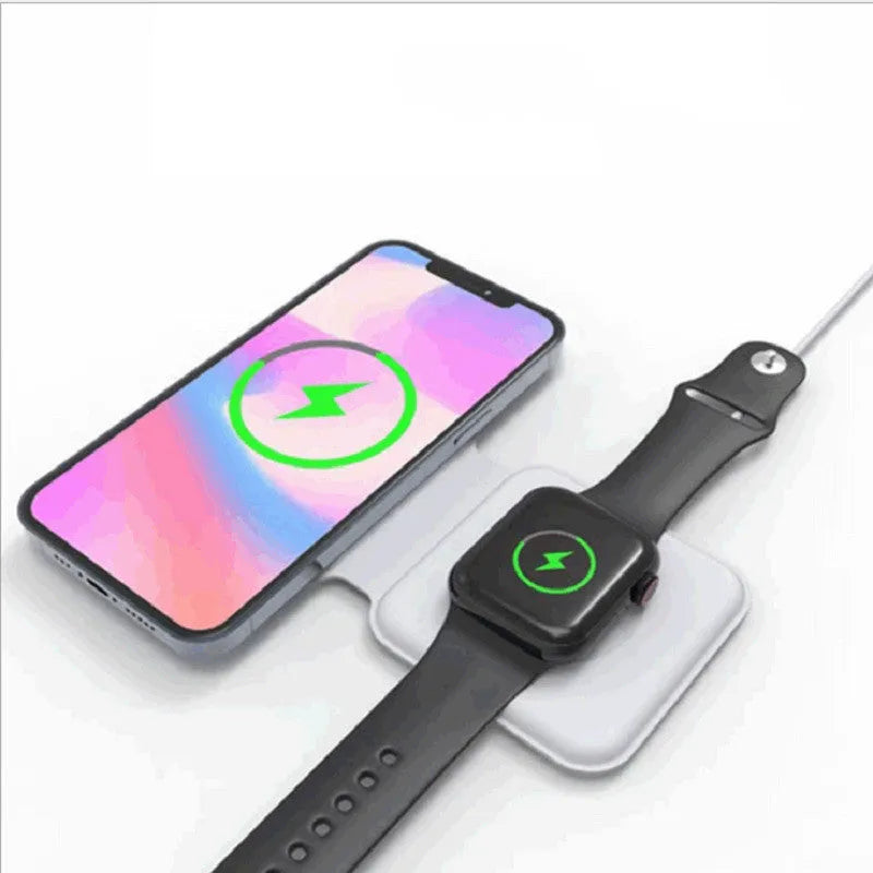 White foldable magnetic wireless charging dock showing dual charging surfaces and compact folded design