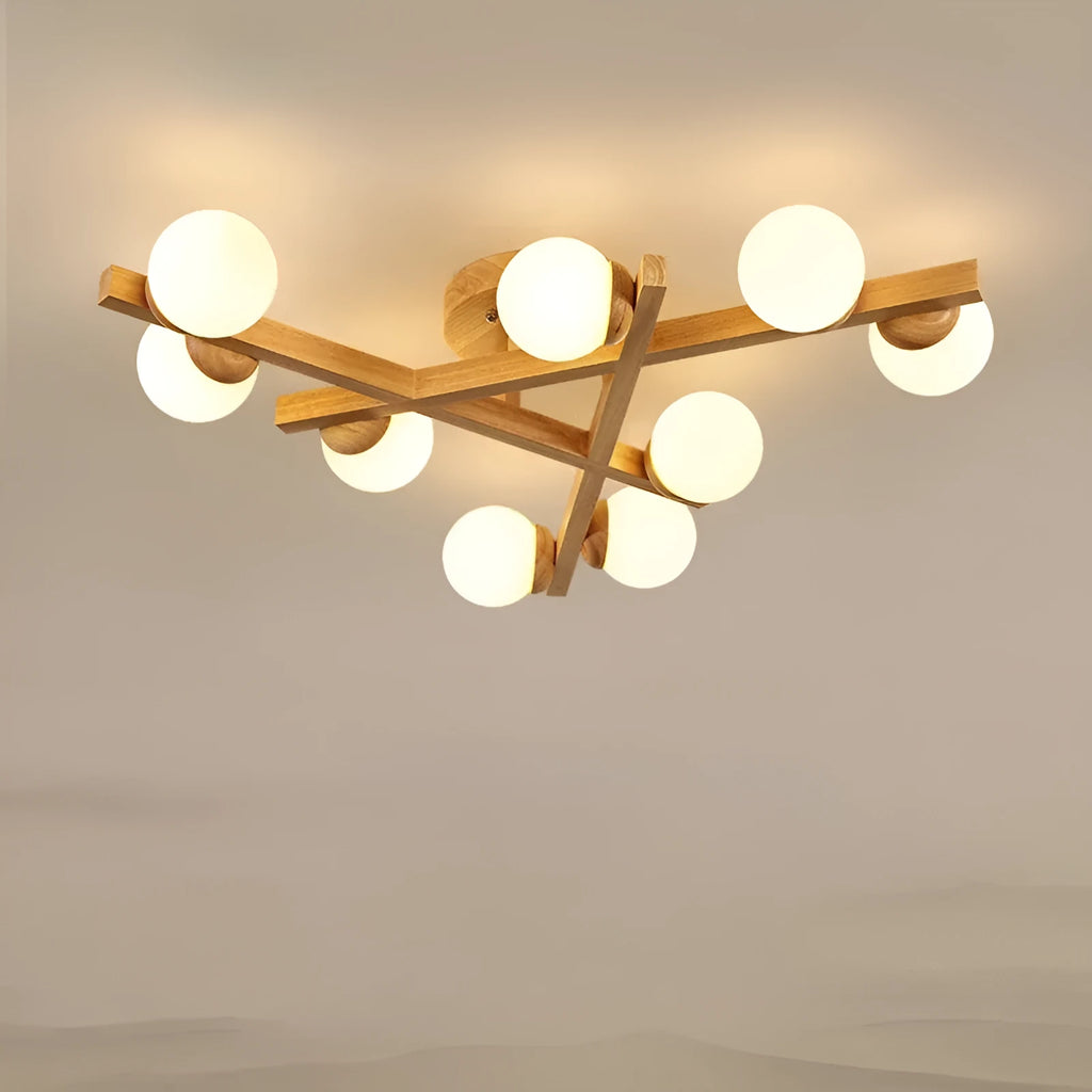 Wooden style ceiling lamp with three light heads in modern living room setting