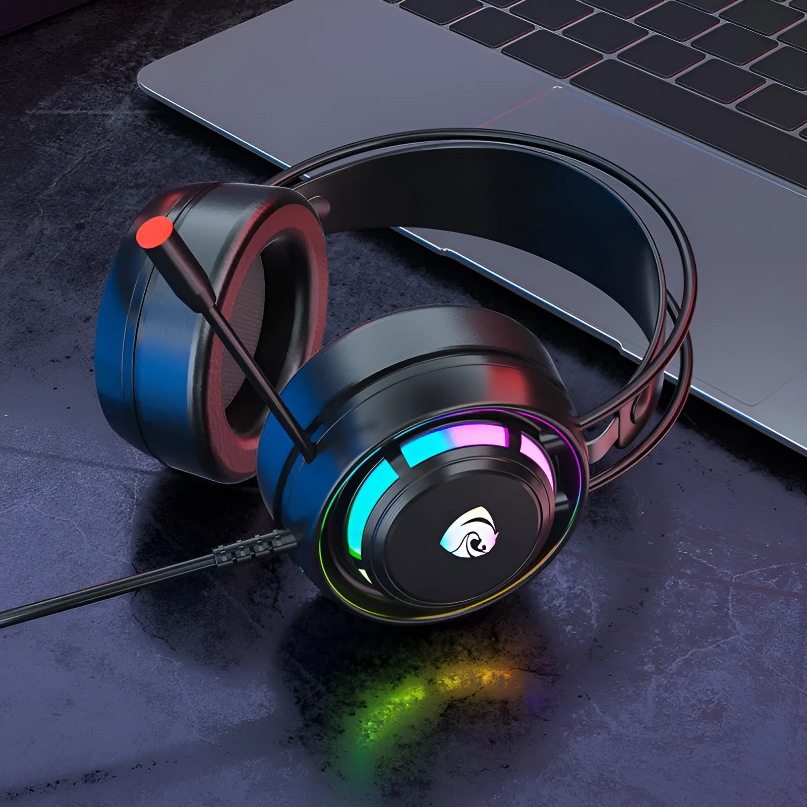Black wired computer headphones with microphone, head-mounted design with sponge ear cushions