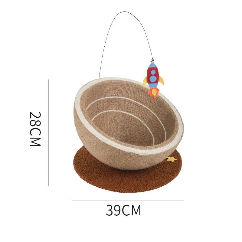 Large integrated cat scratching board and flannel-lined cat nest in starry sisal colour on wooden base.