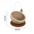 Large integrated cat scratching board and flannel-lined cat nest in starry sisal colour on wooden base.