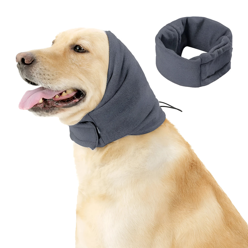 Dog wearing black calming hoodie covering ears with hair protection and scarf function