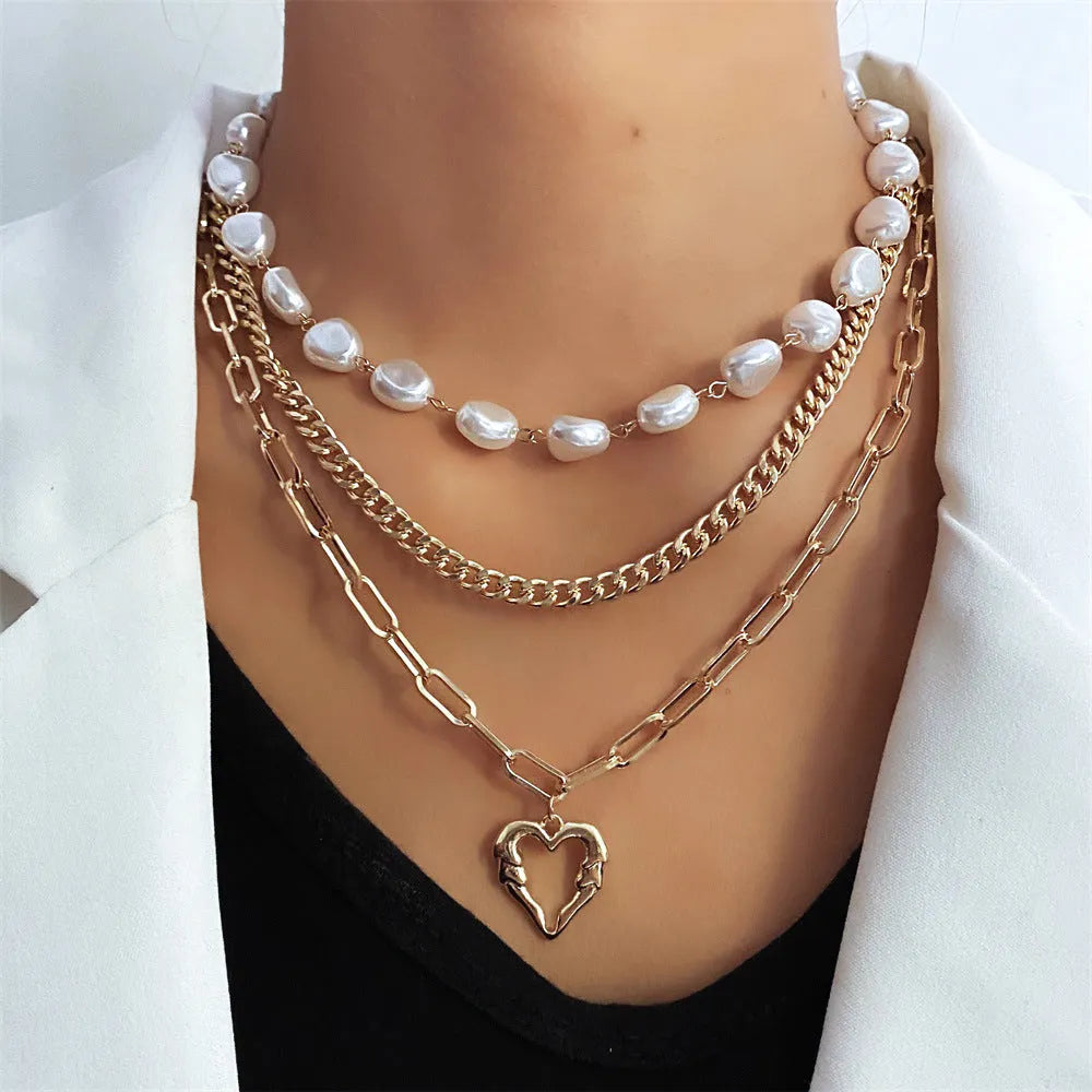 Vintage gold heart necklace with pearl chain, adjustable 41-50cm length