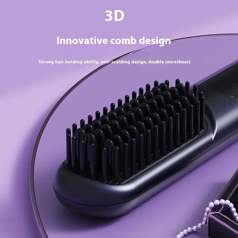 A portable negative ion straightening comb in blue, grey, or white, showing its teeth and compact 20cm design.