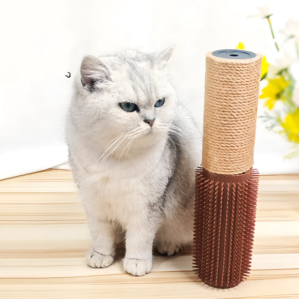 Brown sisal fibre cat scratching post on a wooden floor.